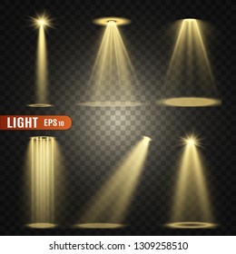 Stage lighting, a collection of transparent effects. Bright lighting with spotlights. Vector illustration.