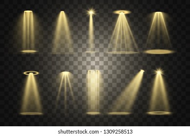 Stage lighting, a collection of transparent effects. Bright lighting with spotlights. Vector illustration.