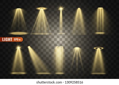 Stage lighting, a collection of transparent effects. Bright lighting with spotlights. Vector illustration.