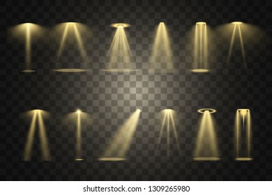 Stage lighting, a collection of transparent effects. Bright lighting with spotlights. Vector illustration.
