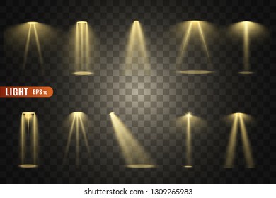 Stage lighting, a collection of transparent effects. Bright lighting with spotlights. Vector illustration.