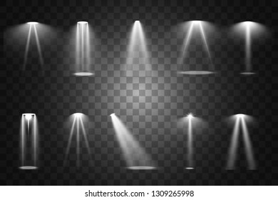 Stage lighting, a collection of transparent effects. Bright lighting with spotlights. Vector illustration.