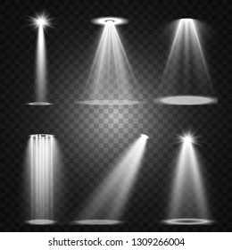 Stage lighting, a collection of transparent effects. Bright lighting with spotlights. Vector illustration.