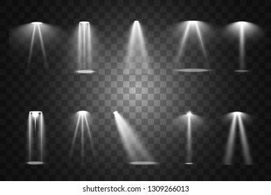 Stage lighting, a collection of transparent effects. Bright lighting with spotlights. Vector illustration.