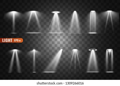 Stage lighting, a collection of transparent effects. Bright lighting with spotlights. Vector illustration.