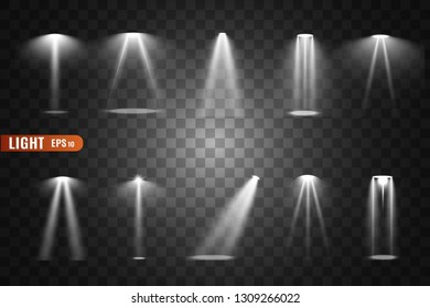 Stage lighting, a collection of transparent effects. Bright lighting with spotlights. Vector illustration.