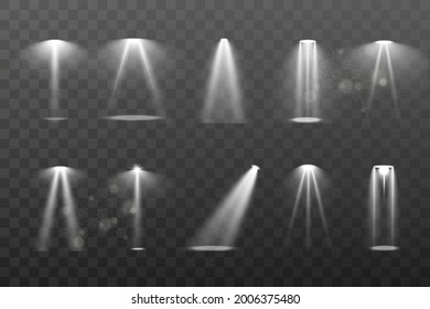 Stage lighting, a collection of transparent effects. Bright lighting with spotlights. Vector illustration.