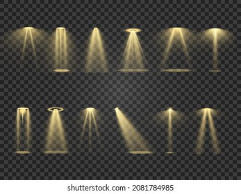 Stage lighting, a collection of transparent effects. Bright lighting with spotlights. Vector illustration.	