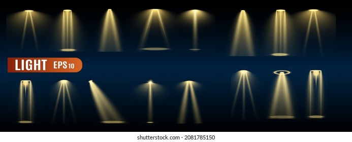 Stage lighting, a collection of transparent effects. Bright lighting with spotlights. Vector illustration.	