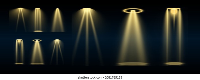 Stage lighting, a collection of transparent effects. Bright lighting with spotlights. Vector illustration.	