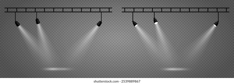 Efeito de iluminação de palco, luzes de spot. Em um fundo transparente.