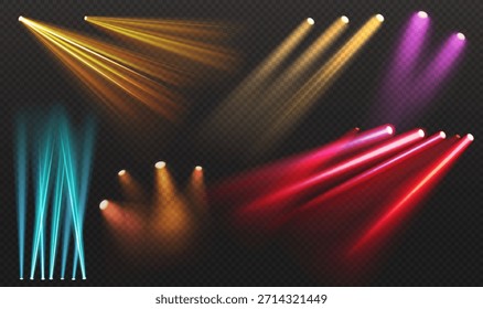 Efeitos de iluminação do palco. Conjunto de holofotes de concerto com feixes brilhantes, fontes de luz. Ilustração isolada de vetor