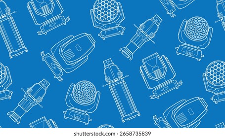 Dibujos de línea de contorno blanco de Ilustración vectorial sin costuras de varios accesorios de iluminación de escenario profesionales, cabezas móviles, luces de lavado led y focos de perfil