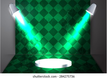Stage Lighting green Background with Spot Light Effects. old wall. Parquet floor. table, schedule, chart