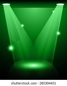 Stage Lighting green Background with Spot Light Effects, vector illustration. Abstract light lamps background for Technology computer graphic website internet and business. 