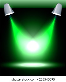 Stage Lighting green Background with Spot Light Effects, vector illustration. Abstract light lamps background for Technology computer graphic website internet and business. 