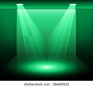 Stage Lighting green Background with Spot Light Effects, vector illustration. Abstract light lamps background for Technology computer graphic website internet business. screen, movie, cinema, scene