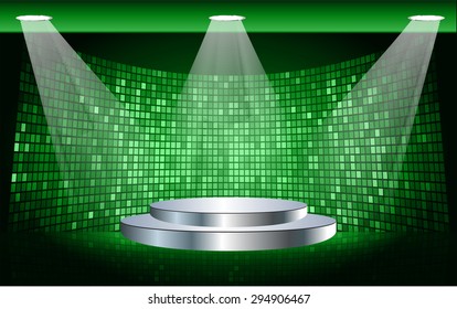 Stage Lighting green Background with Spot Light Effects, vector illustration. Abstract light lamps background for Technology computer graphic website internet business. screen,movie,cinema