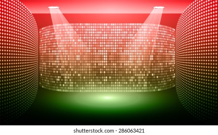Stage Lighting green red Background with Spot Light Effects, vector illustration. Abstract light lamps background for Technology computer graphic website internet and business.