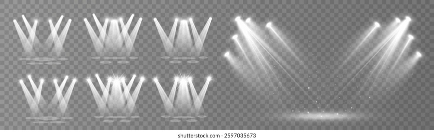 Stage lighting large collection, transparent effects. Bright lighting with spotlights.
