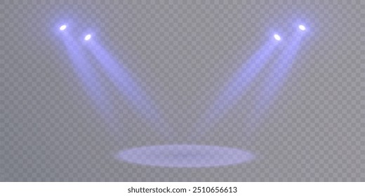 Iluminação de palco com holofotes estroboscópicos LED. Mostra de luz a laser. Estágio vazio antes do desempenho. Destaques em um fundo transparente.	
