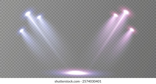 
Stage lighting with LED strobes. Laser light show. Empty stage before the performance. Spotlights on a dark background.