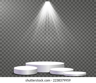 Stage lighting on a transparent background. Bright lighting with spotlights and a round podium. Directional studio light.
