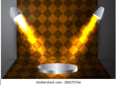 Stage Lighting orange Background with Spot Light Effects. old wall. Parquet floor. table, schedule, chart