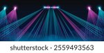 Stage lighting performance scene - dazzling spotlights with blue and pink laser beams through dark space, bright floating glitter particles and cloud on midnight background. Nightclub entertainment bg