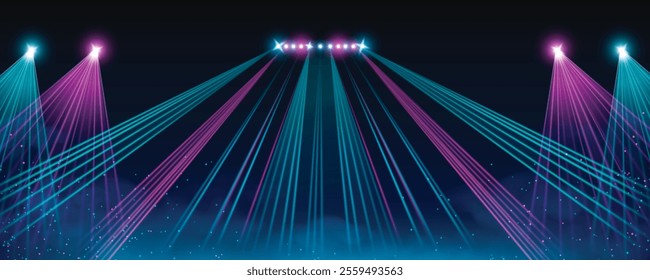 Stage lighting performance scene - dazzling spotlights with blue and pink laser beams through dark space, bright floating glitter particles and cloud on midnight background. Nightclub entertainment bg