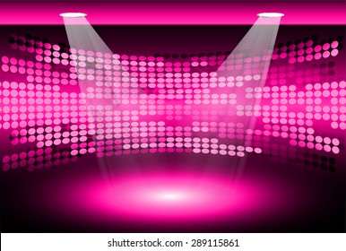 Stage Lighting Pink Background With Spot Light Effects, Vector Illustration. Abstract Light Lamps Background For Technology Computer Graphic Website Internet Business. Screen, Movie,cinema,scene