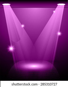Stage Lighting purple Background with Spot Light Effects, vector illustration. Abstract light lamps background for Technology computer graphic website internet and business. 