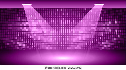 Stage Lighting purple Background with Spot Light Effects, vector illustration. Abstract light lamps background for Technology computer graphic website internet business. screen, movie,cinema,scene
