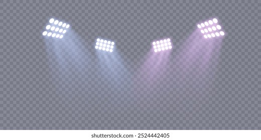 Stage lighting with purple and blue LED strobe lights. Laser light show. Empty stage before the performance. Spotlights on a transparent background.	
