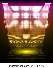 Stage Lighting purple yellow Background with Spot Light Effects, vector illustration. Abstract light lamps background for Technology computer graphic website internet and business. point, spot, dot