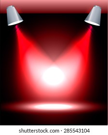 Stage Lighting red Background with Spot Light Effects, vector illustration. Abstract light lamps background for Technology computer graphic website internet and business. 