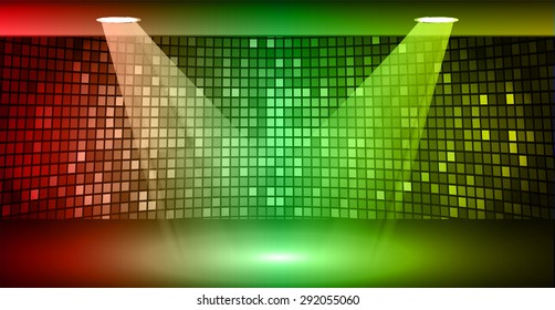 Stage Lighting red green yellow Background with Spot Light Effects, vector illustration. Abstract light lamps background for Technology computer graphic website internet business. screen, movie,cinema