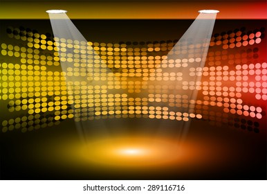 Stage Lighting red orange Background with Spot Light Effects, vector illustration. Abstract light lamps background for Technology computer graphic website internet business. screen, movie,cinema,scene