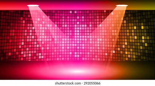 Stage Lighting red pink orange Background with Spot Light Effects, vector illustration. Abstract light lamps background for Technology computer graphic website internet business. screen, movie,cinema