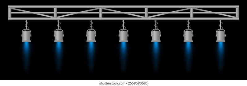 Stage lighting set. Blue spotlights, metal frame, event lighting, hanging lamps, focused beams, dark background, performance setup, stage design, concert equipment, theater illumination
