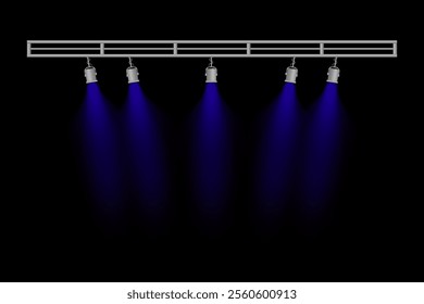 Stage lighting set. Five blue spotlights, hanging lamps, metal frame, focused beams, dark background, theater lighting, event illumination, performance setup, concert design, visual presentation