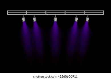 Stage lighting set. Five purple spotlights, hanging lamps, metal frame, focused beams, dark background, theater lighting, event illumination, performance setup, concert design, visual presentation