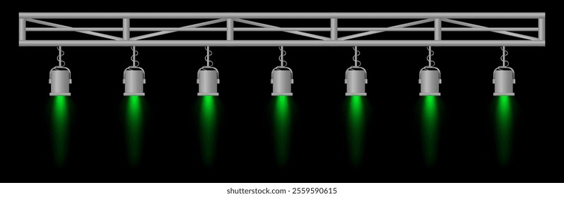 Stage lighting set. Green spotlights, metal frame, event lighting, hanging lamps, focused beams, dark background, performance setup, stage design, concert equipment, theater illumination
