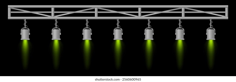 Stage lighting set. Green spotlights, metal frame, event lighting, hanging lamps, focused beams, dark background, performance setup, stage design, concert equipment, theater illumination