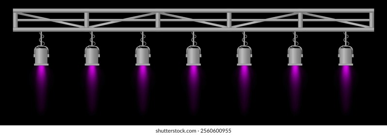 Stage lighting set. Purple spotlights, metal frame, event lighting, hanging lamps, focused beams, dark background, performance setup, stage design, concert equipment, theater illumination