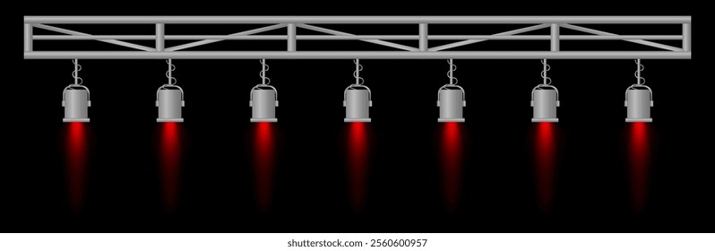 Stage lighting set. Red spotlights, metal frame, event lighting, hanging lamps, focused beams, dark background, performance setup, stage design, concert equipment, theater illumination