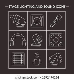 Juego de iconos de iluminación de escenario y equipo de sonido. Elementos de línea modificables del vector
