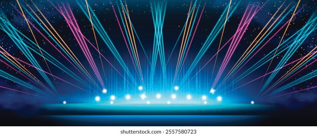 Stage lighting spectacular scene - bright luminous spotlights row on dark background with neon blue, pink and orange laser beams shooting upward, falling glitter dots. Nightclub or performance stage.