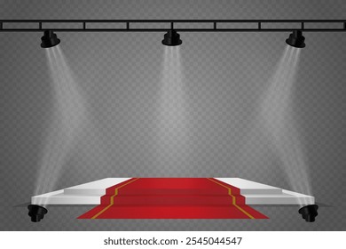 Iluminación de escenario, focos blancos, hermosa iluminación. Sobre un fondo transparente.