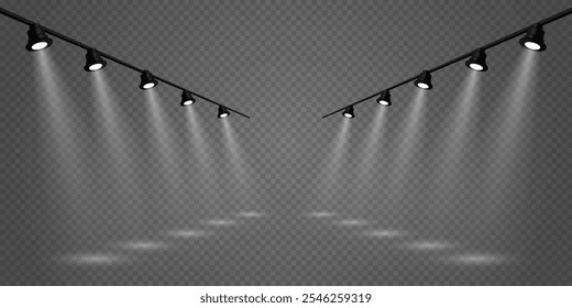Stage lighting, white spotlights, beautiful lighting. On a transparent background.